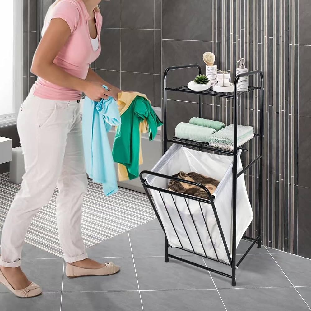 Modern 3-Tier Laundry Storage Rack with Laundry Basket